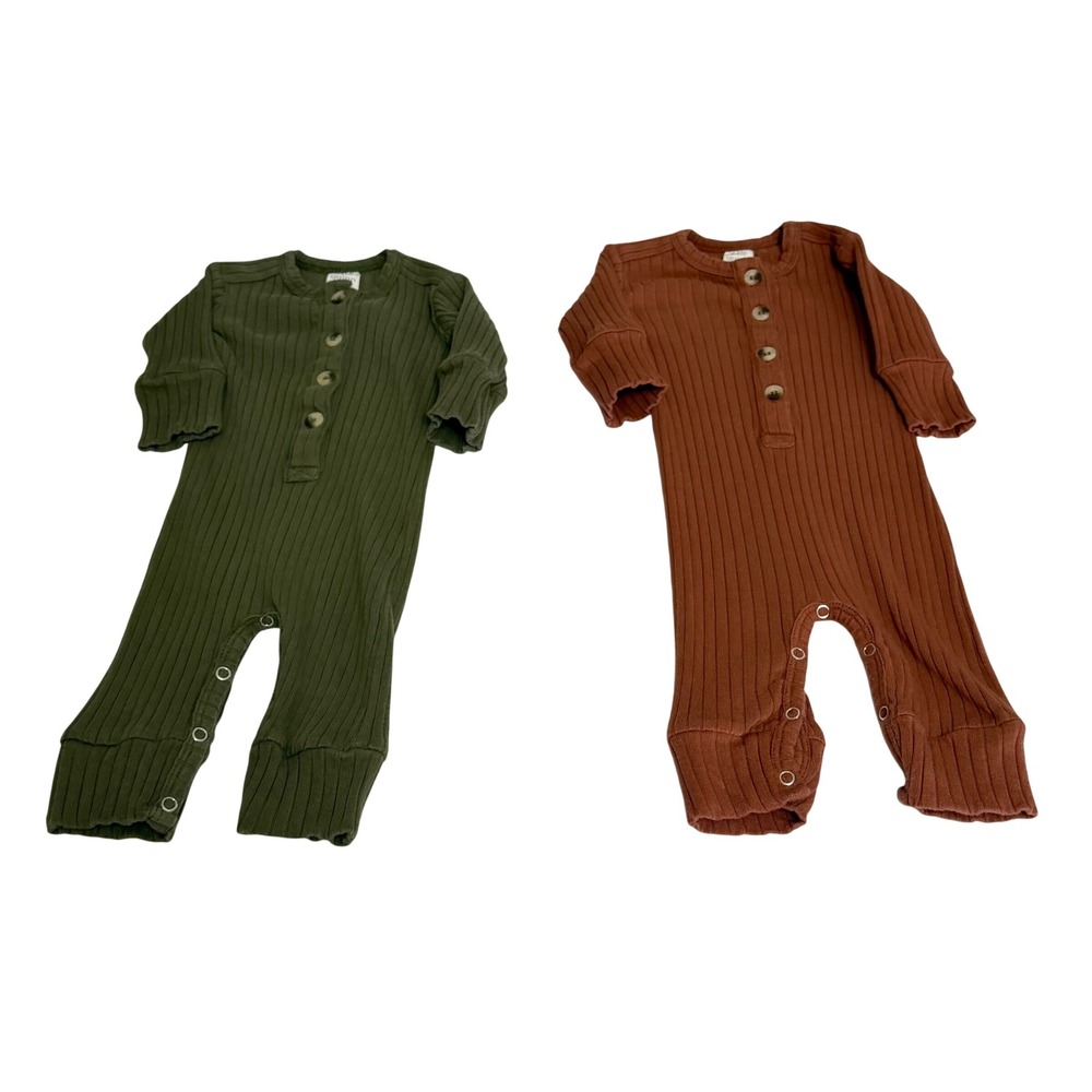 Kate Quinn Baby Romper 2 Pack 0-3M Ribbed Organic Cotton Henley Green Brown